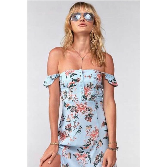 Flynn Skye Dresses & Skirts - Flynn Skye Bardot Maxi Blue Floral Dress XS